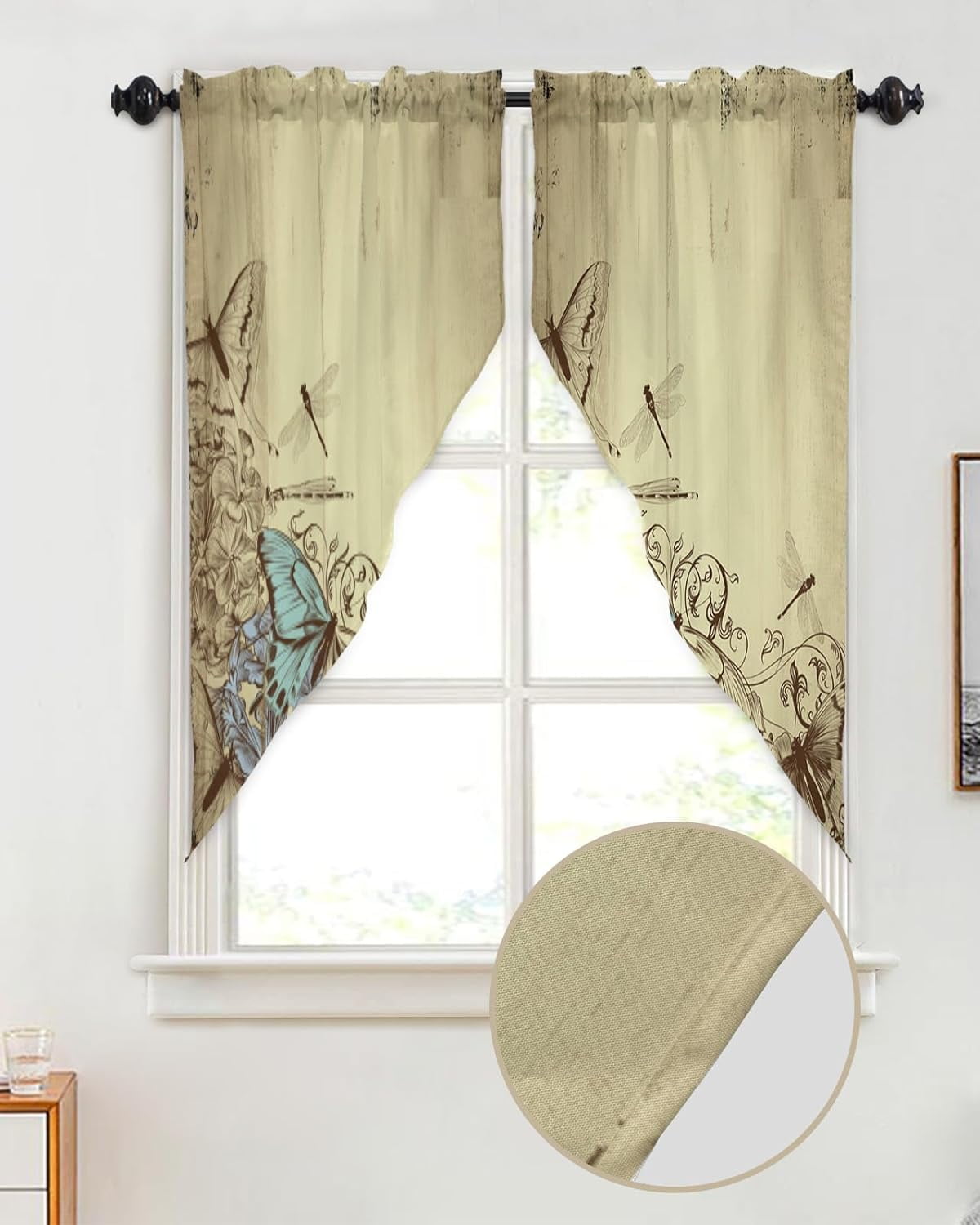 Swag Valance Curtains Abstract Butterfly Dragonfly Line on Rustic Wood