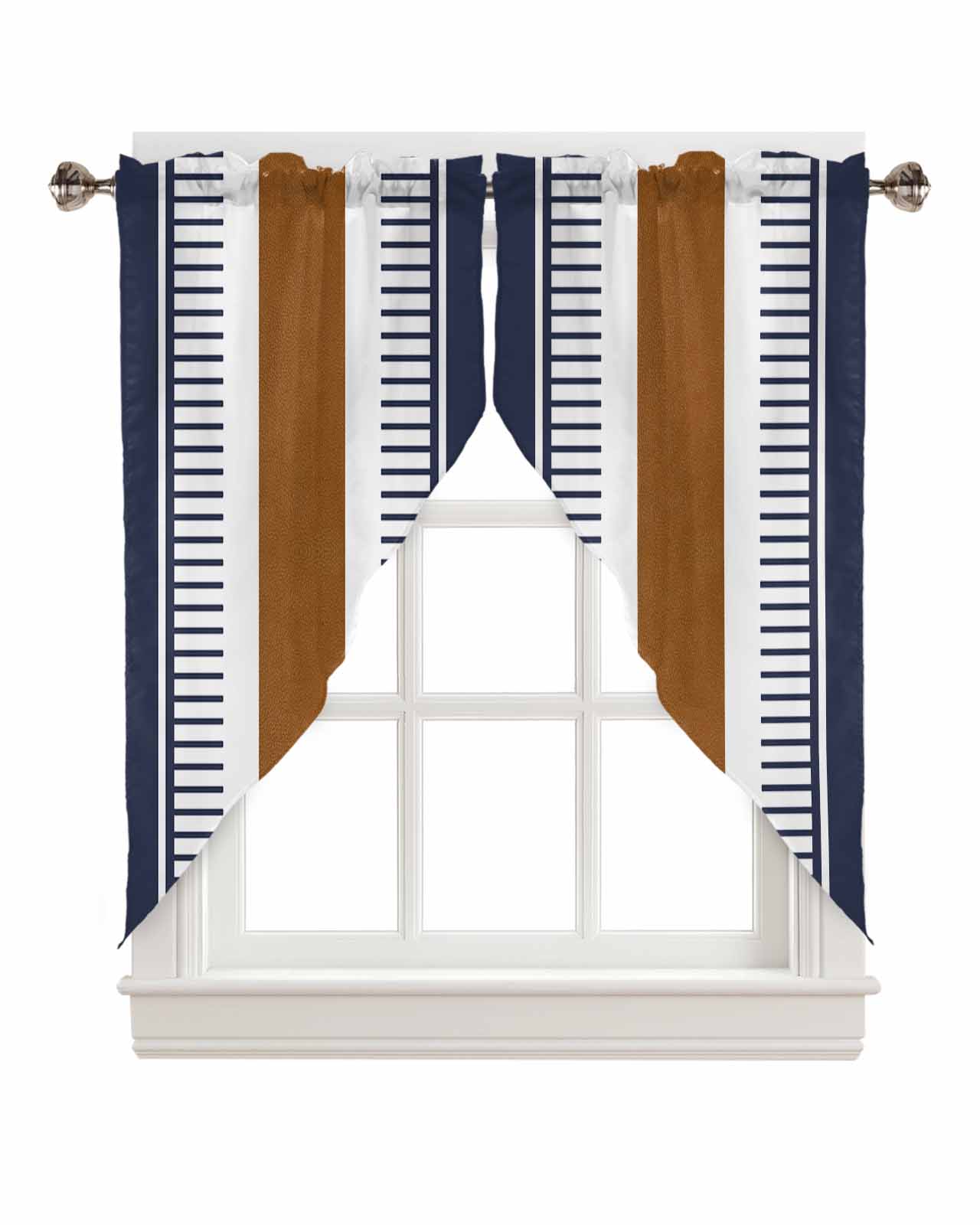 Swag Valance Curtains Boho Brown and Navy Blue Striped Tribal Farmhouse Style Rod Pocket Kitchen