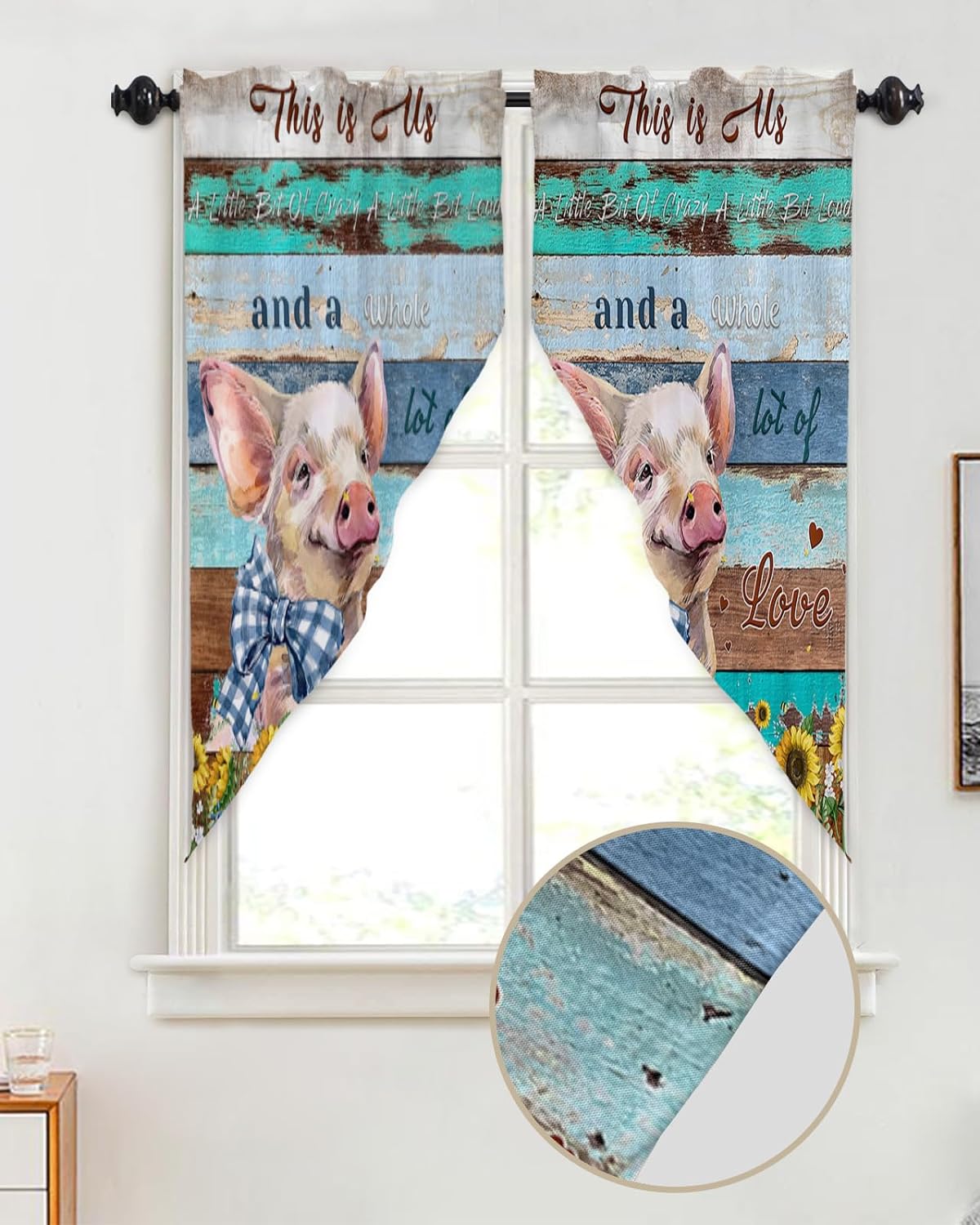 Swag Valance Curtains Farm Pig Rustic Retro Wood Rode Pocket Swag