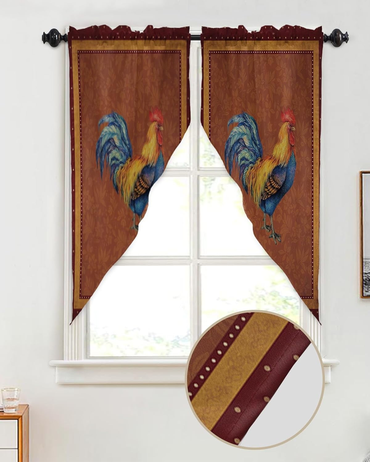 Swag Valance Curtains Farm Retro Rooster Polka Dot Rode Pocket Swag
