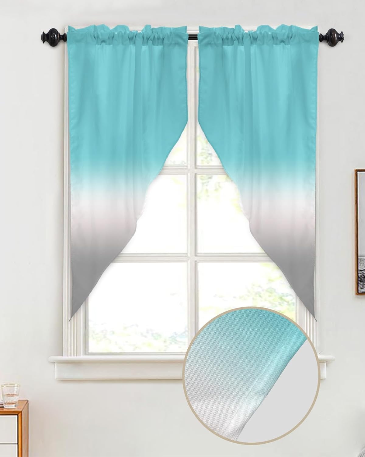 Swag Valance Curtains Gradient Blue Teal to Grayish White Rode Pocket
