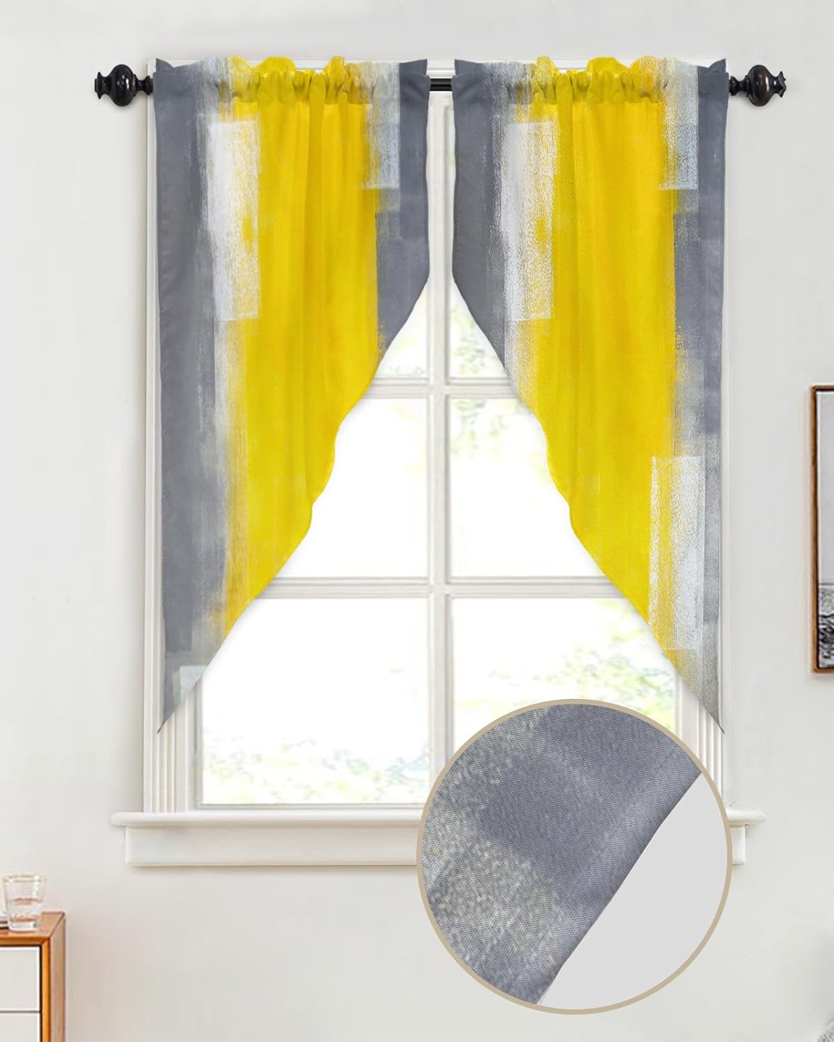 Swag Valance Curtains Grey and Yellow Abstract Art Texute Rode Pocket