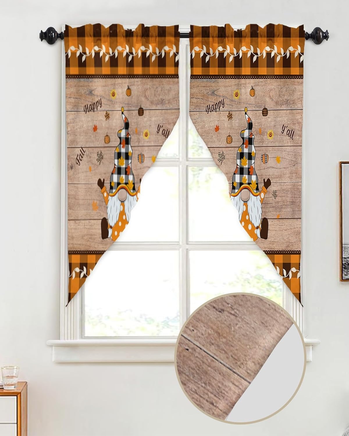 Swag Valance Curtains Happy Fall Y'all Gnome Retro Wooden Board Orange