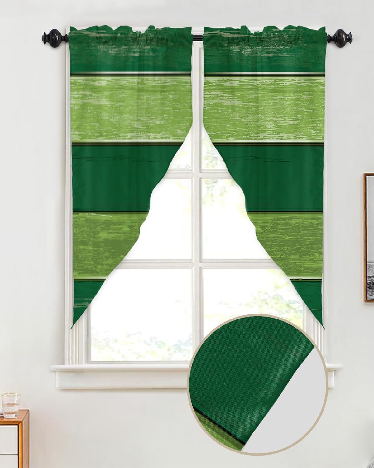 Swag Valance Curtains Retro Farmhouse Barn Forest Green Wood Grain Rode