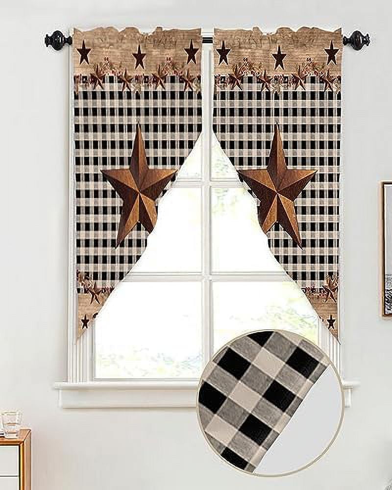 Swag Valance Curtains Rustic Barn Texas Western Star Berries Red Buffalo Plaid Swag Kitchen ...