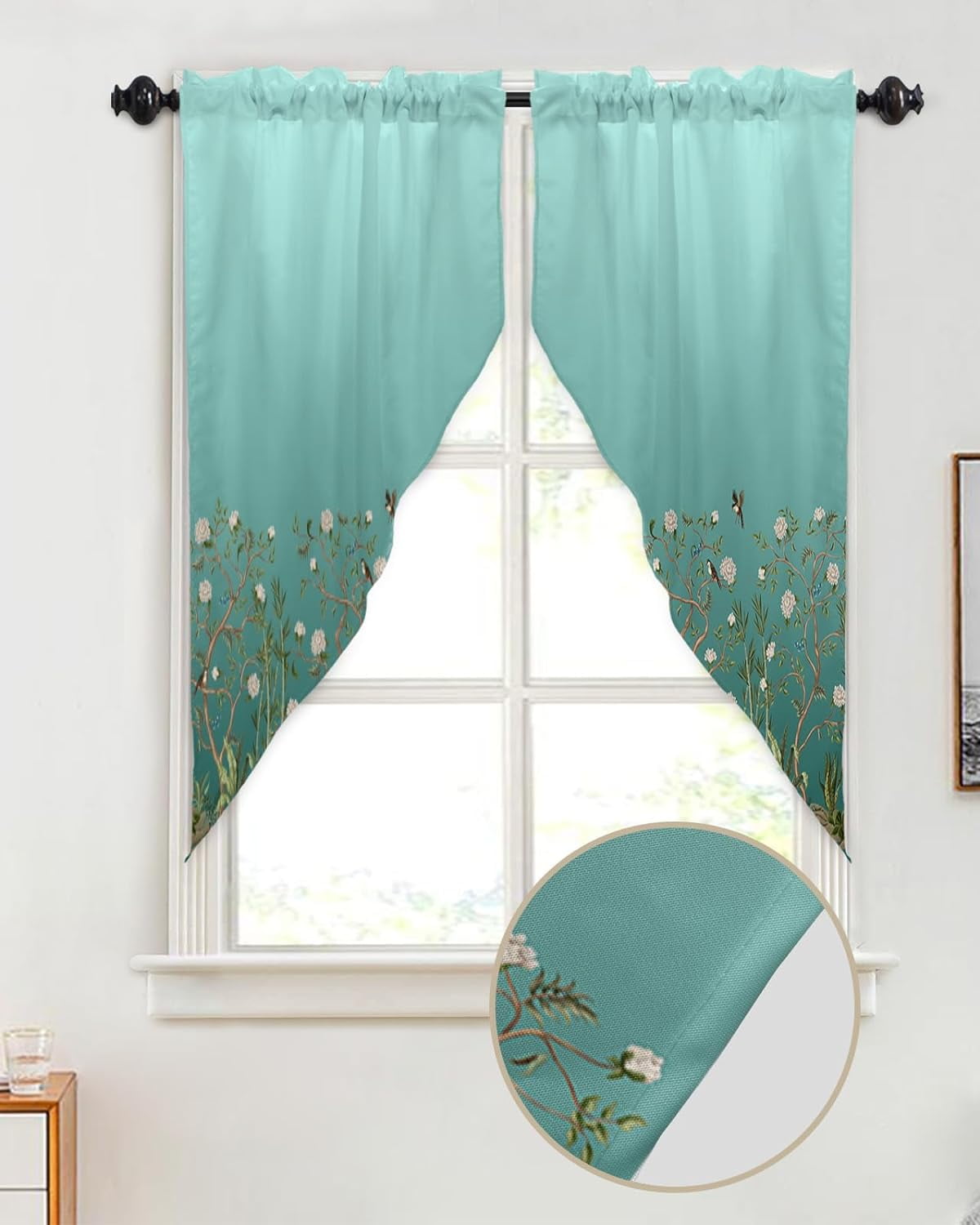 Swag Valance Curtains Rustic Plant Bird Flower Teal Rode Pocket Swag