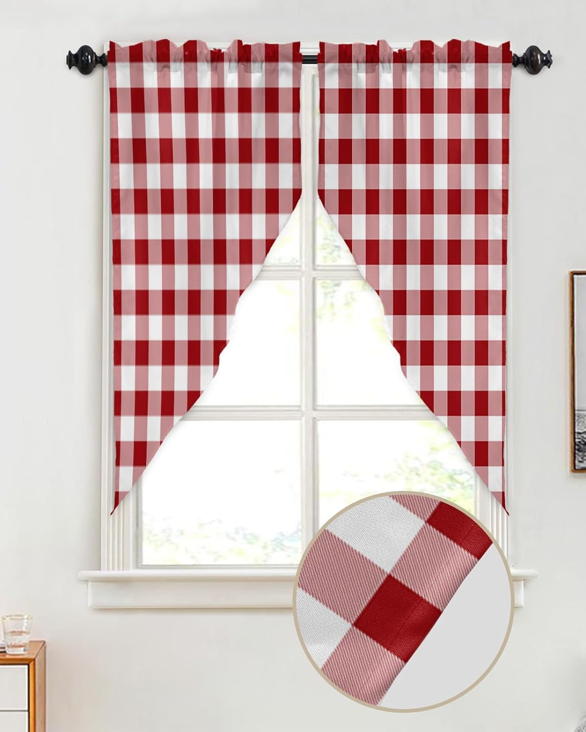 Swag Valance Curtains Rustic Red and White Buffalo Plaid Rode Pocket