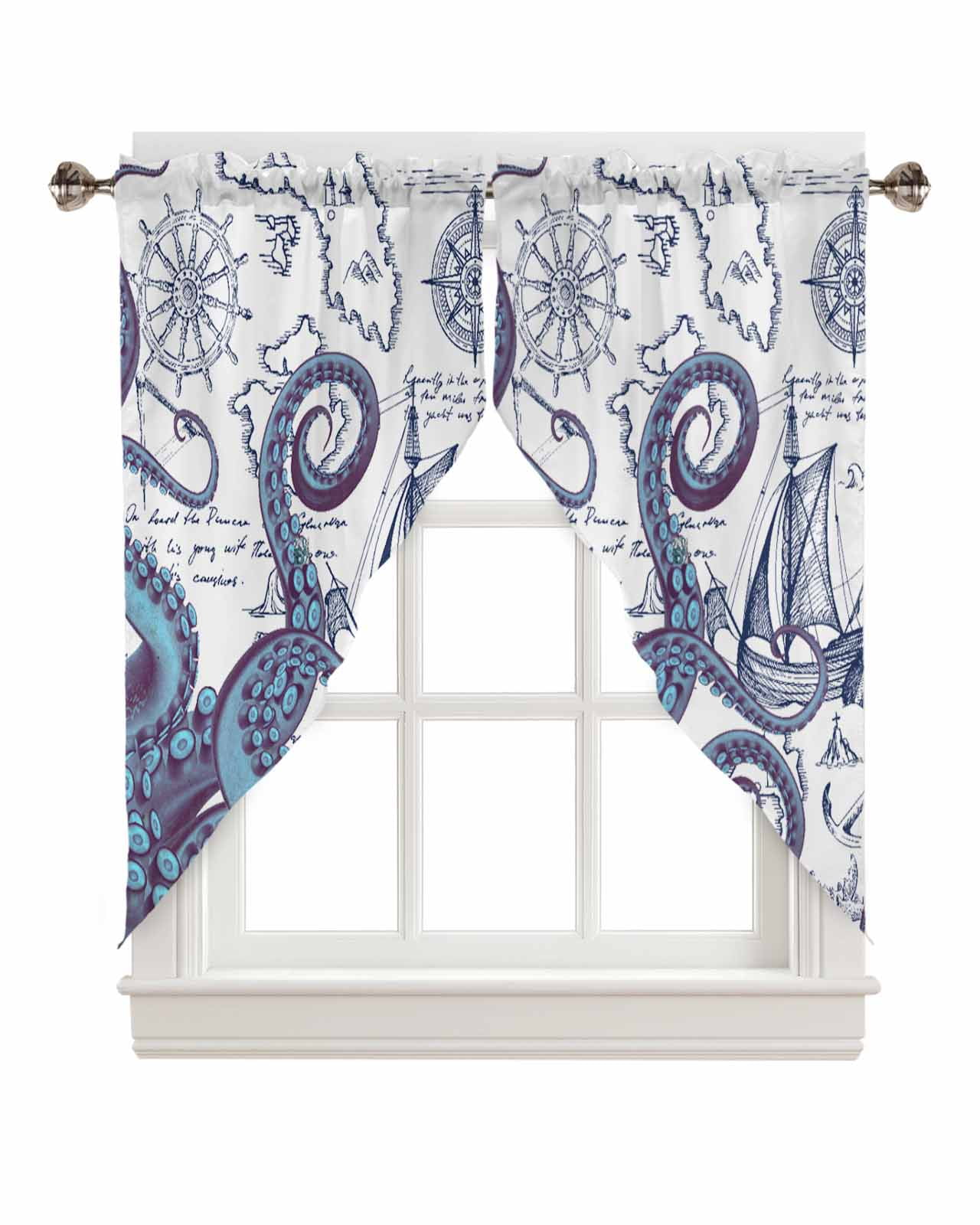 Swag Valance Curtains Summer Octopus Tentacles Letters Pirate Ship Map