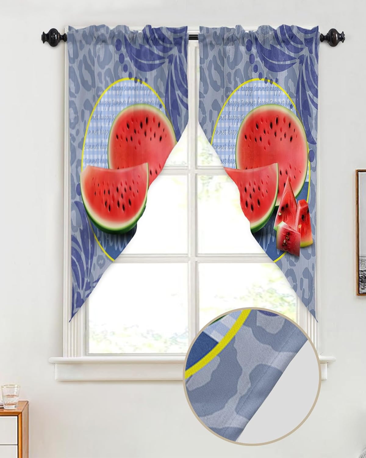 Swag Valance Curtains Summer Watermelons Leopard Print Blue Texture