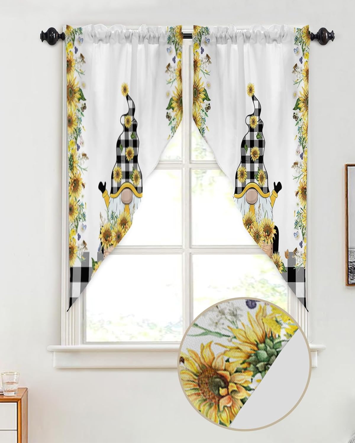 Swag Valance Curtains Sunflower Gnome Black White Plaid Rural Rode