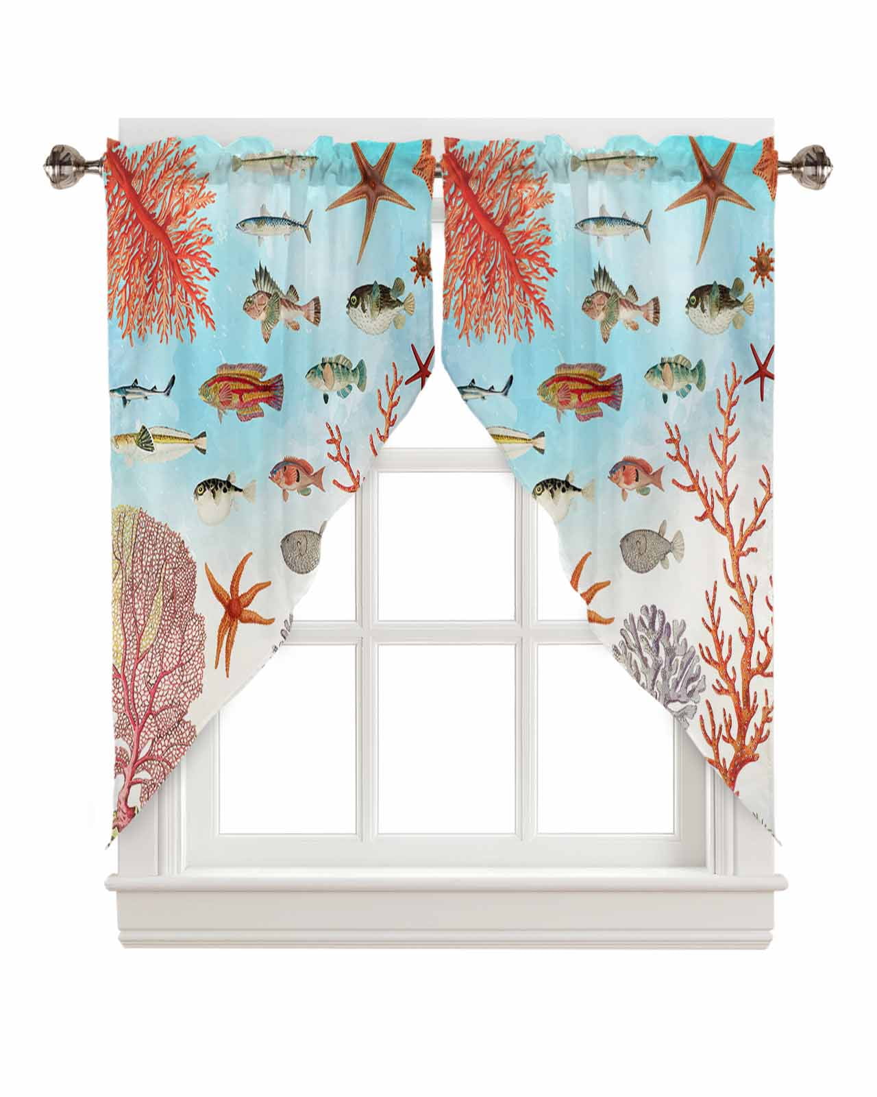 Swag Valance Curtains Underwater World Fish Coral Starfish Nautical Rod
