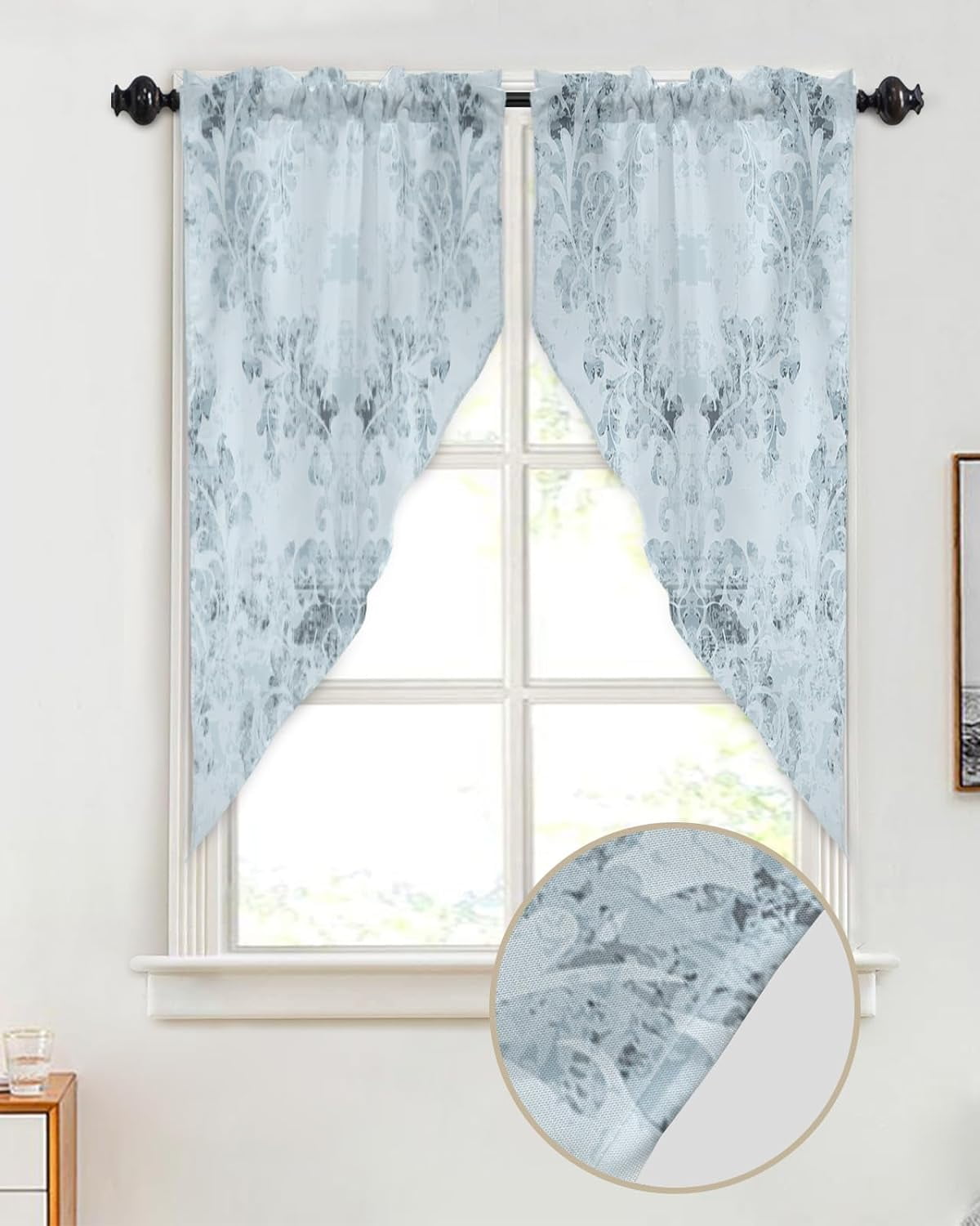 Swag Valance Curtains Vintage Rustic Floral Design Blue Rode Pocket