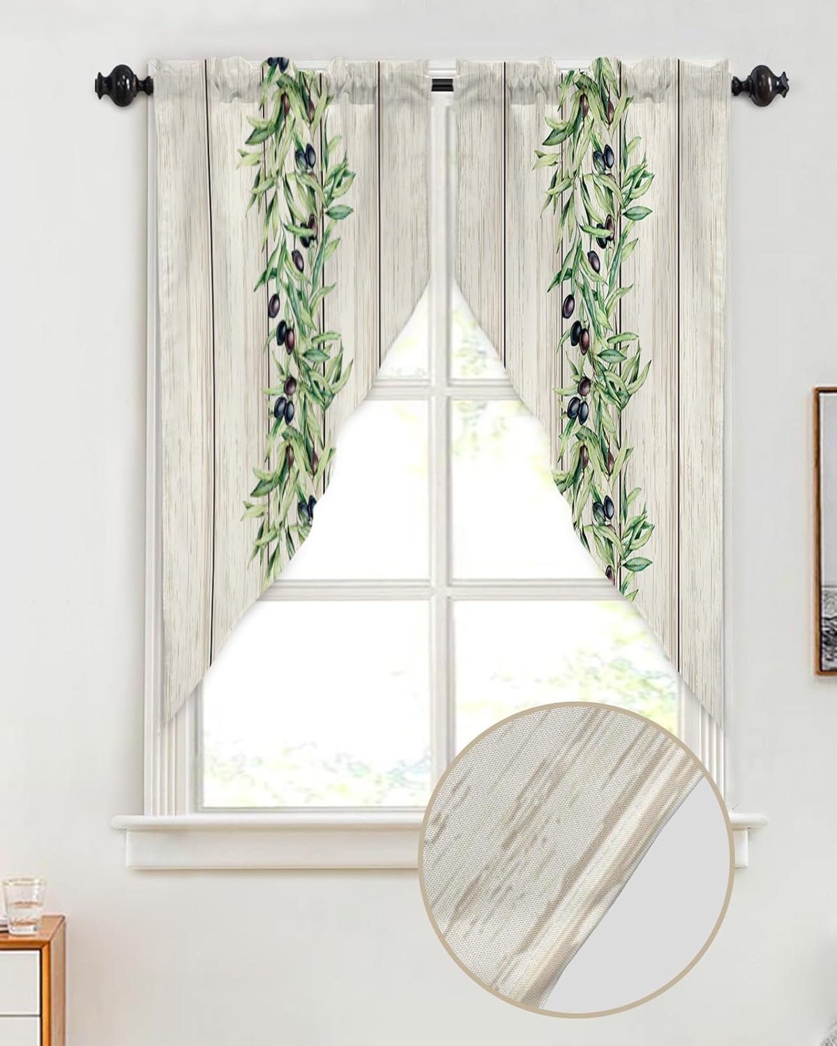 Swag Valance Curtains Watercolor Plant Olives Leaves Rustic Wood Grain