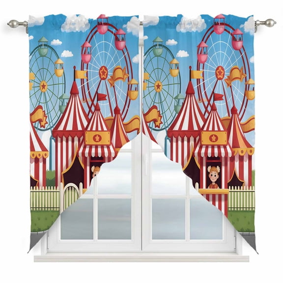 Swag Valance Curtains for Windows, Amusement Park Light Filtering Kitchen Curtains with Rod Pocket, Cute Cartoon Wheelwheels Circus Window Treatment Valances for Living Room, 36x36 - 2 PCS