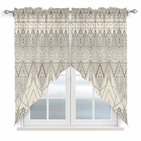Swag Valance Curtains for Windows, Beige Boho Light Filtering Kitchen Curtains with Rod Pocket, Vintage Ethnic Tribe Abstract Art Decorative Window Treatment Valances for Living Room, 28x36 - 2 PCS