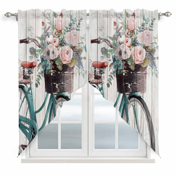 Swag Valance Curtains for Windows, Bicycles Light Filtering Kitchen Curtains with Rod Pocket, Country Vehicle Botanical Flowers Wooden Plank Window Treatment Valances for Living Room, 36x63 - 2 PCS