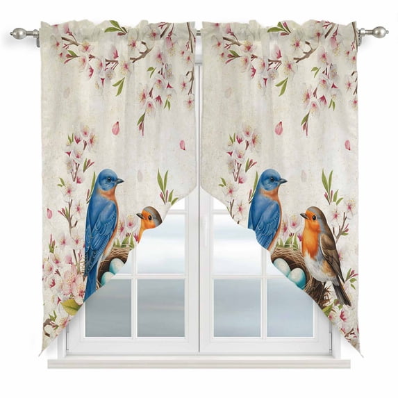 Swag Valance Curtains for Windows, Birds Floral Light Filtering Kitchen Curtains with Rod Pocket, Farmhouse Vintage Pink Flower Leaf Window Treatment Valances for Living Room, 36x36 - 2 PCS