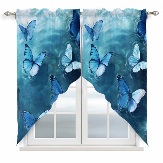 Swag Valance Curtains for Windows, Blue Butterfly Light Filtering Kitchen Curtains with Rod Pocket, Modern Elegant Water Ripples Decorative Window Treatment Valances for Living Room, 36x63 - 2 PCS