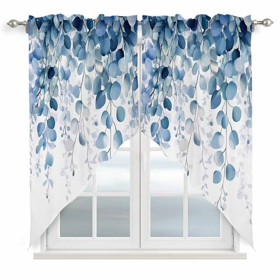 Swag Valance Curtains for Windows, Blue Eucalyptus Leaves Light Filtering Kitchen Curtains with Rod Pocket, Summer Botanical Weeping Window Treatment Valances for Living Room, 36x36 - 2 PCS