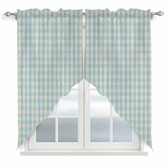 Swag Valance Curtains for Windows, Blue Green Light Filtering Kitchen Curtains with Rod Pocket, Grid Checkered Plaid Gingham Lattice Trellis Window Treatment Valances for Living Room, 28x36 - 2 PCS