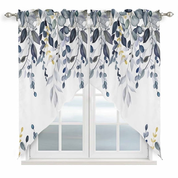 Swag Valance Curtains for Windows, Blue Grey Eucalyptus Light Filtering Kitchen Curtains with Rod Pocket, Watercolor Spring Weeping Botanical Window Treatment Valances for Living Room, 28x36 - 2 PCS