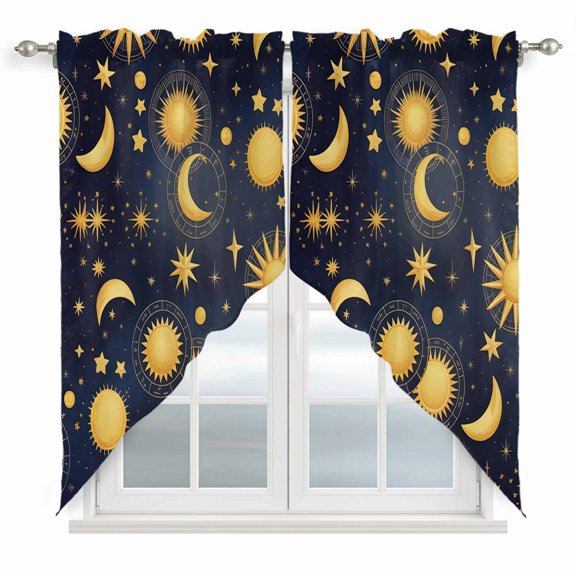 Swag Valance Curtains for Windows, Blue Star Sky Light Filtering Kitchen Curtains with Rod Pocket, Retro Fantasy Farmhouse Gold Moon Sun Window Treatment Valances for Living Room, 28x36 - 2 PCS