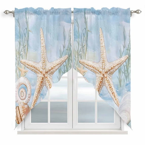 Swag Valance Curtains for Windows, Blue Starfish Coastal Light Filtering Kitchen Curtains with Rod Pocket, Summer Beach Coral Shell Ocean Window Treatment Valances for Living Room, 28x36 - 2 PCS