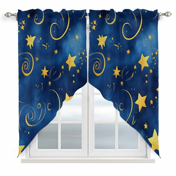 Swag Valance Curtains for Windows, Blue Starry Sky Light Filtering Kitchen Curtains with Rod Pocket, Yellow Star Abstract Art Decorative Window Treatment Valances for Living Room, 36x36 - 2 PCS