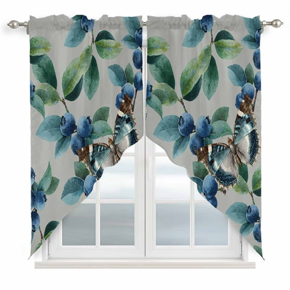 Swag Valance Curtains for Windows, Blueberry Spring Leaves Light Filtering Kitchen Curtains with Rod Pocket, Grey Botanical Branches Window Treatment Valances for Living Room, 36x63 - 2 PCS