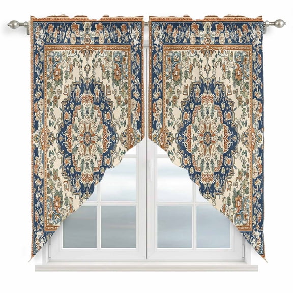 Swag Valance Curtains for Windows, Boho Southwestern Light Filtering Kitchen Curtains with Rod Pocket, Heritage Antique Country Blue Window Treatment Valances for Living Room, 36x45 - 2 PCS