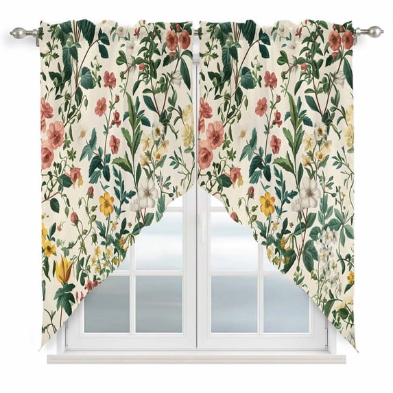 Swag Valance Curtains for Windows, Botanical Print Light Filtering Kitchen Curtains with Rod Pocket, Vintage Plants Herbs Fruit Flower Window Treatment Valances for Living Room, 28x36 - 2 PCS
