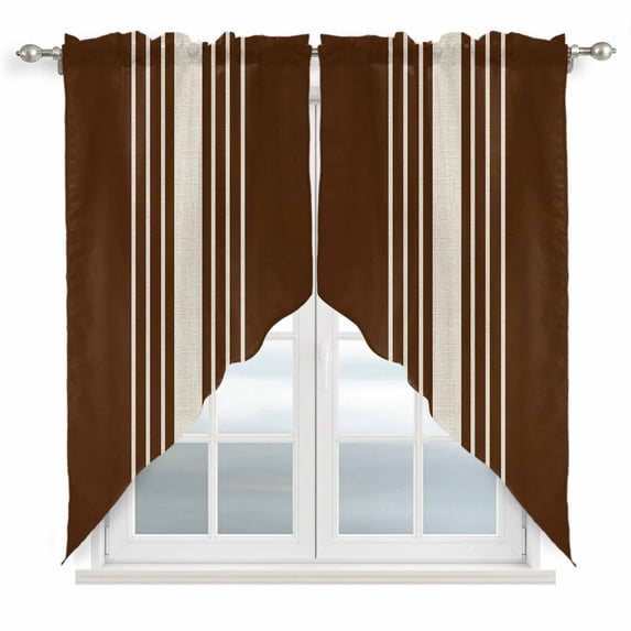 Swag Valance Curtains for Windows, Brown Beige Striped Light Filtering Kitchen Curtains with Rod Pocket, Modern Farmhouse Retro Lines Window Treatment Valances for Living Room, 36x36 - 2 PCS