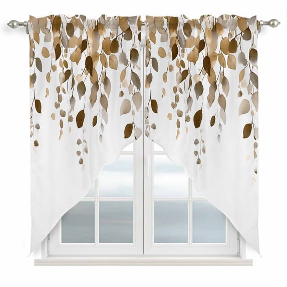 Swag Valance Curtains for Windows, Brown Eucalyptus Leaves Light Filtering Kitchen Curtains with Rod Pocket, Summer Watercolor Leaf Window Treatment Valances for Living Room, 36x36 - 2 PCS