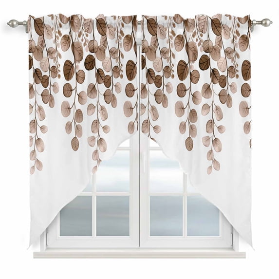 Swag Valance Curtains for Windows, Brown Eucalyptus Leaves Light Filtering Kitchen Curtains with Rod Pocket, Watercolor Floral Leaf Plants Window Treatment Valances for Living Room, 28x36 - 2 PCS