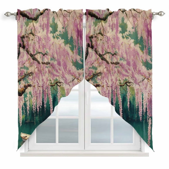 Swag Valance Curtains for Windows, Cherry Blossom Light Filtering Kitchen Curtains with Rod Pocket, Forest Lake Boat Flowers Modern Paint Window Treatment Valances for Living Room, 36x36 - 2 PCS