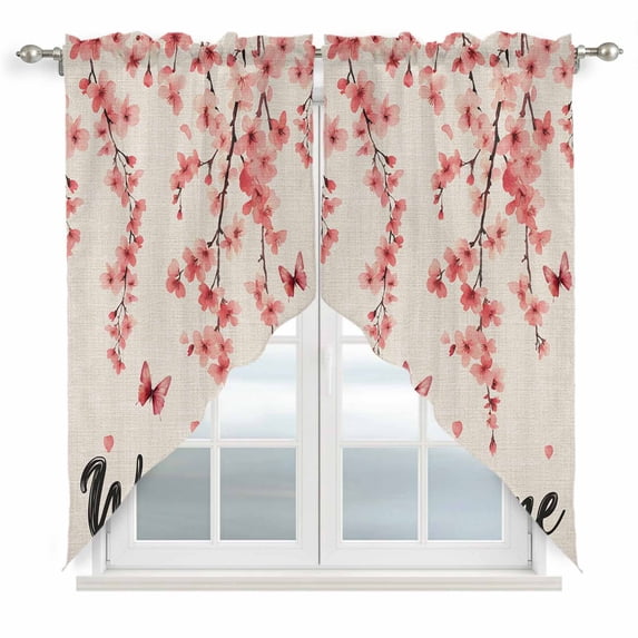 Swag Valance Curtains for Windows, Cherry Blossoms Light Filtering Kitchen Curtains with Rod Pocket, Spring Farmhouse Botanical Flowers Window Treatment Valances for Living Room, 36x36 - 2 PCS