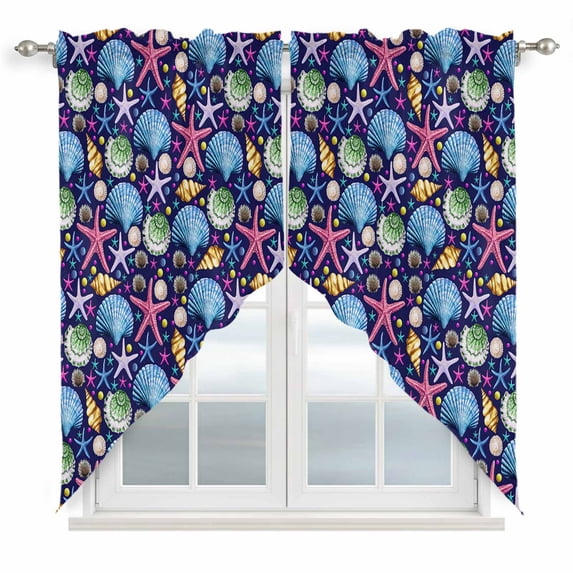 Swag Valance Curtains for Windows, Coastal Blue Light Filtering Kitchen Curtains with Rod Pocket, Ocean Starfish Shell Conch Watercolor Window Treatment Valances for Living Room, 36x45 - 2 PCS
