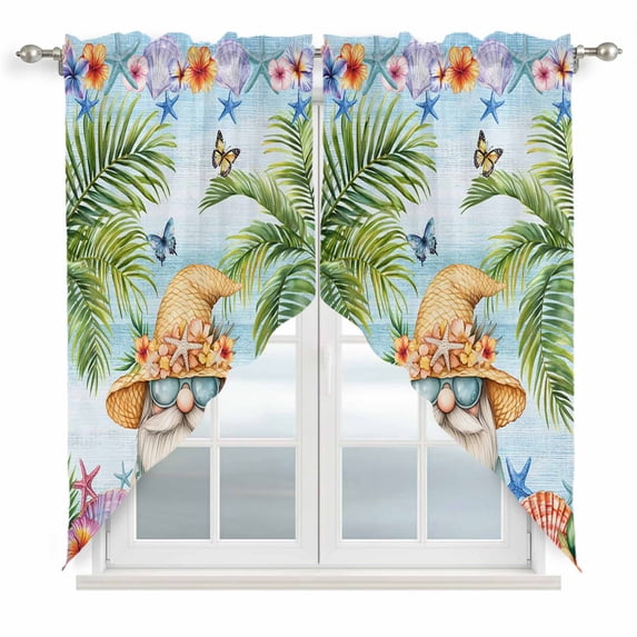 Swag Valance Curtains for Windows, Coastal Tropical Light Filtering Kitchen Curtains with Rod Pocket, Palm Tree Starfish Shell Flower Gnomes Window Treatment Valances for Living Room, 36x45 - 2 PCS