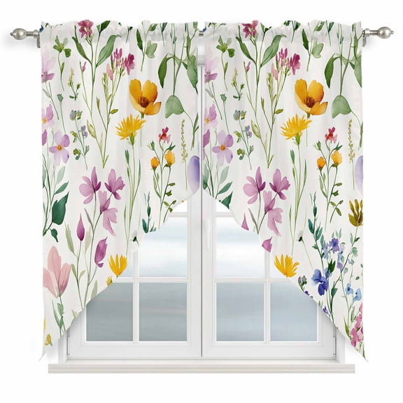 Swag Valance Curtains for Windows, Country Flower Light Filtering Kitchen Curtains with Rod Pocket, Farm Leaf Botanical Pastoral Painting Window Treatment Valances for Living Room, 36x45 - 2 PCS