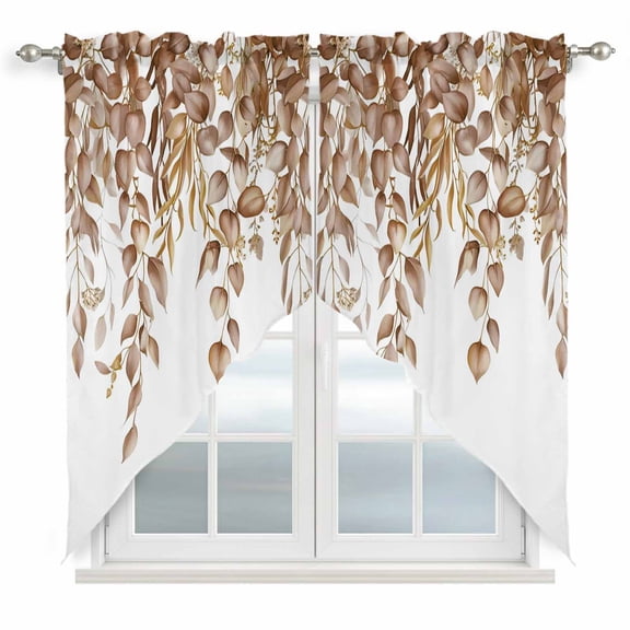 Swag Valance Curtains for Windows, Eucalyptus Leaves Light Filtering Kitchen Curtains with Rod Pocket, Brown Summer Botanical Weeping Window Treatment Valances for Living Room, 36x36 - 2 PCS
