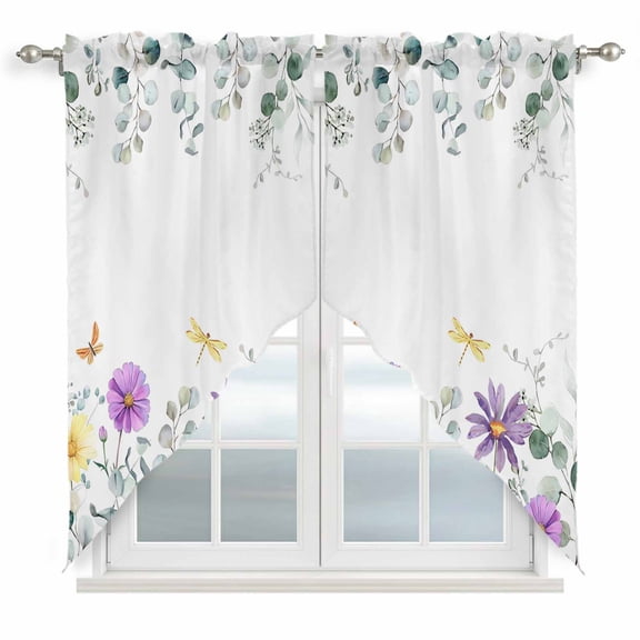 Swag Valance Curtains for Windows, Eucalyptus Leaves Light Filtering Kitchen Curtains with Rod Pocket, Sage Green Pastoral Floral Weeping Window Treatment Valances for Living Room, 36x36 - 2 PCS