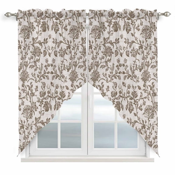 Swag Valance Curtains for Windows, Farmhouse Brown Light Filtering Kitchen Curtains with Rod Pocket, Vintage Flower Leaf Botanical Plant Window Treatment Valances for Living Room, 28x36 - 2 PCS