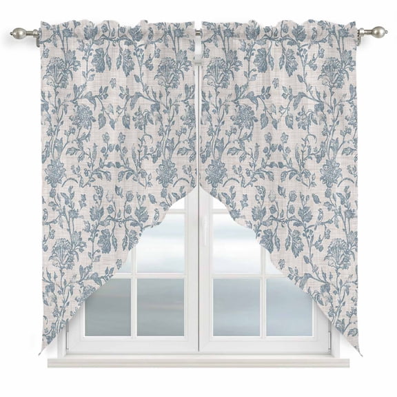 Swag Valance Curtains for Windows, Farmhouse Flower Light Filtering Kitchen Curtains with Rod Pocket, Botanical Vintage Light Blue Leaf Window Treatment Valances for Living Room, 28x36 - 2 PCS
