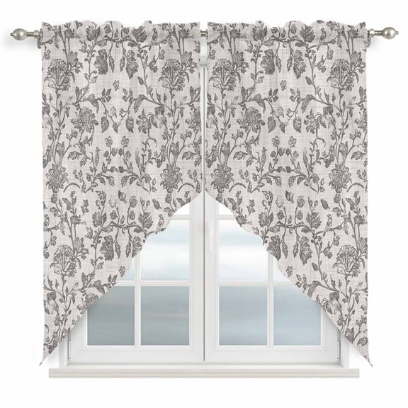 Swag Valance Curtains for Windows, Farmhouse Grey Light Filtering Kitchen Curtains with Rod Pocket, Vintage Flower Leaf Botanical Plant Window Treatment Valances for Living Room, 36x63 - 2 PCS