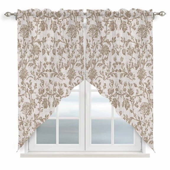 Swag Valance Curtains for Windows, Farmhouse Khaki Light Filtering Kitchen Curtains with Rod Pocket, Vintage Flower Leaf Botanical Plant Window Treatment Valances for Living Room, 28x36 - 2 PCS