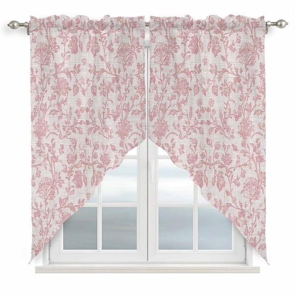 Swag Valance Curtains for Windows, Farmhouse Pink Light Filtering Kitchen Curtains with Rod Pocket, Vintage Flower Leaf Botanical Plant Window Treatment Valances for Living Room, 28x36 - 2 PCS