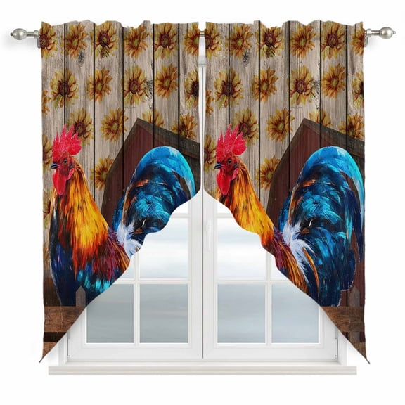 Swag Valance Curtains for Windows, Farmhouse Rooster Light Filtering Kitchen Curtains with Rod Pocket, Vintage Farm Chicken Sunflower Wooden Window Treatment Valances for Living Room, 28x36 - 2 PCS