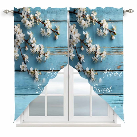 Swag Valance Curtains for Windows, Farmhouse Wooden Grain Light Filtering Kitchen Curtains with Rod Pocket, Vintage Shabby Chic Flower Blue Window Treatment Valances for Living Room, 36x36 - 2 PCS