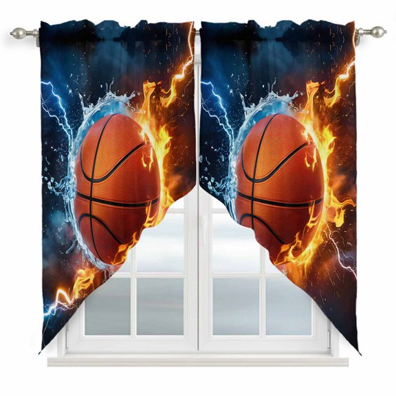 Swag Valance Curtains for Windows, Fire Basketball Light Filtering Kitchen Curtains with Rod Pocket, Splashing Blue Red Water Fire Decorative Window Treatment Valances for Living Room, 28x36 - 2 PCS