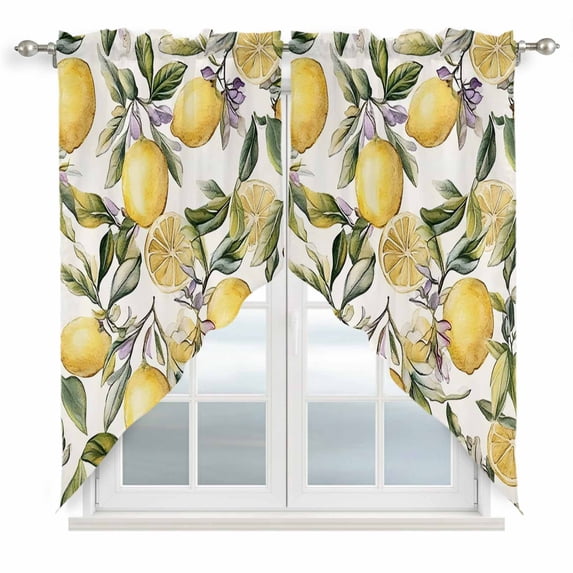 Swag Valance Curtains for Windows, Floral Lemon Light Filtering Kitchen Curtains with Rod Pocket, Watercolor Country Fruit Spring Summer Leaf Window Treatment Valances for Living Room, 36x45 - 2 PCS